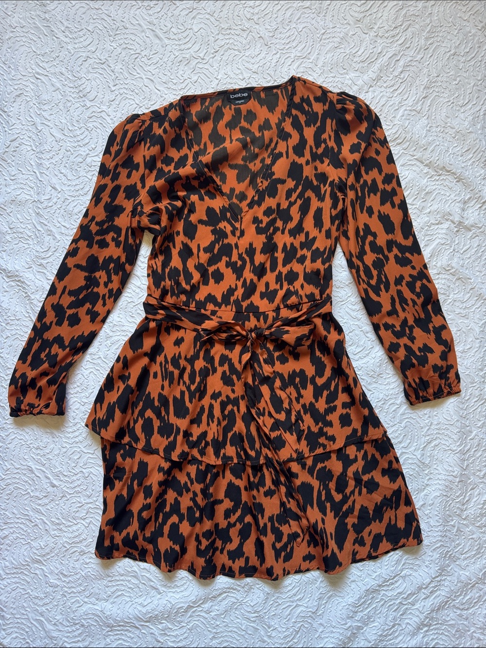 bebe Orange and Black Leopard Print Long Sleeve Wrap Dress